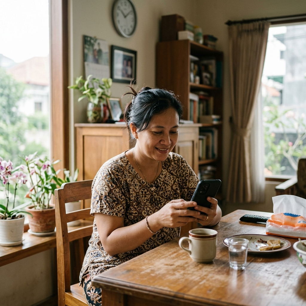 Relaxed Indonesian woman working from home using her phone